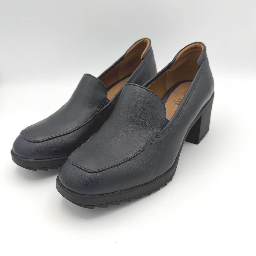 EuroSoft by Sofft Block Heel Loafers 8M Navy Blue Lug Sole Moc Toe Slip On Shoes